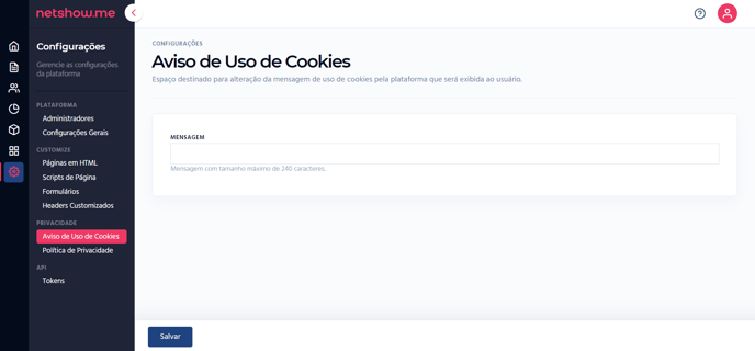 aviso de uso de cookies gerenciador